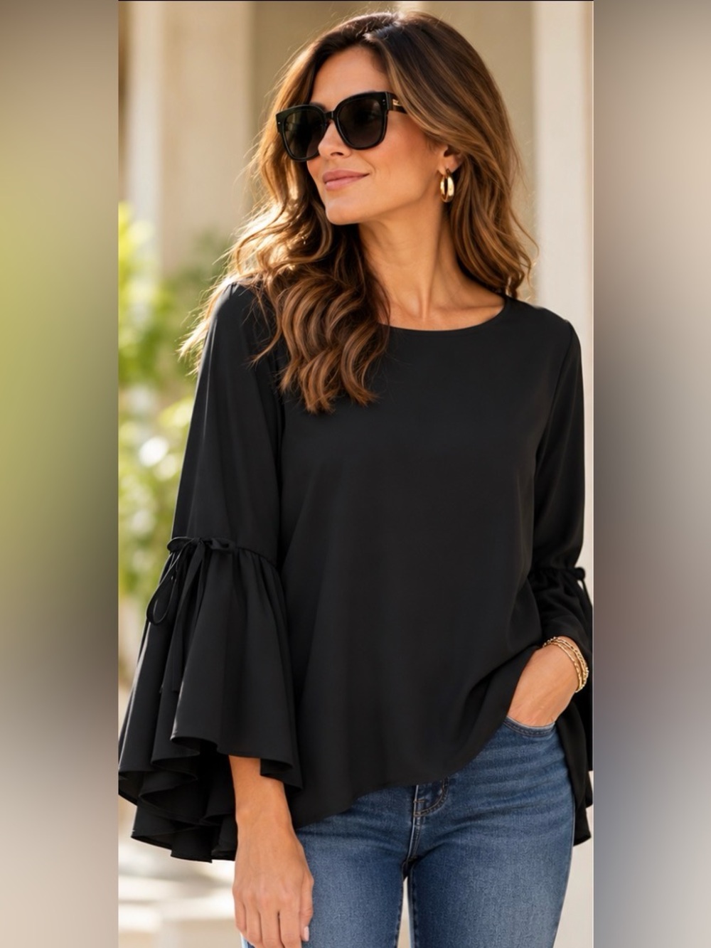 Black Bell Sleeve Blouse | Dramatic Ruffle Batwing Sleeves